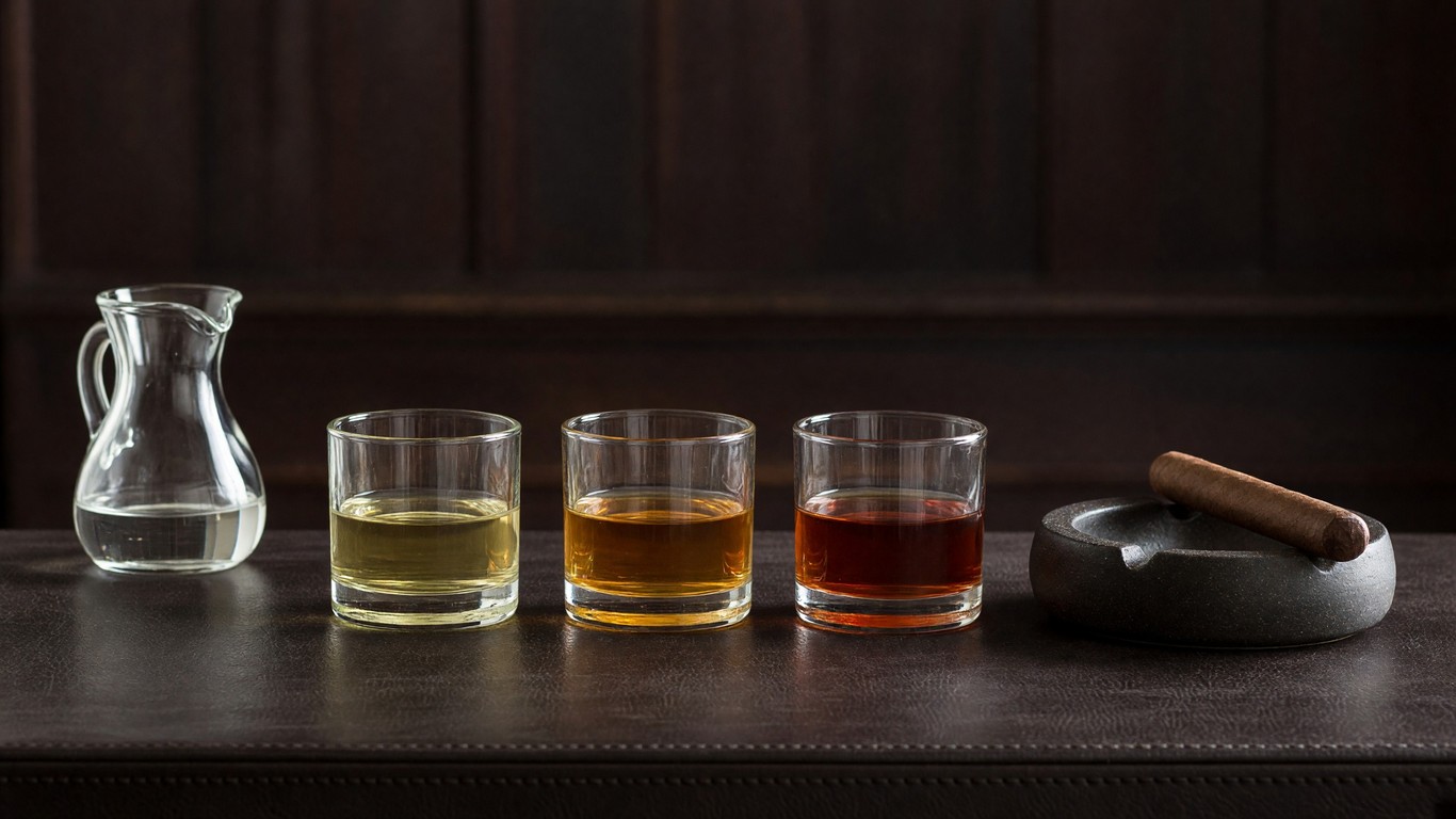 Three whiskies from pale to dark in tumblers beside a water pitcher and a cigar resting on an ashtray