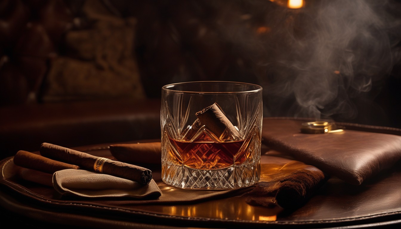 Whiskey glass beside a lit cigar on a leather-topped table