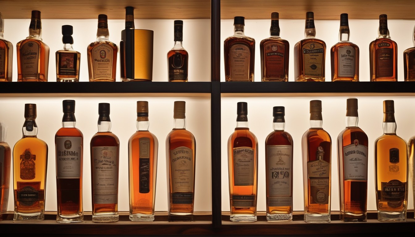 Various whiskey bottles arranged with different cigar selections