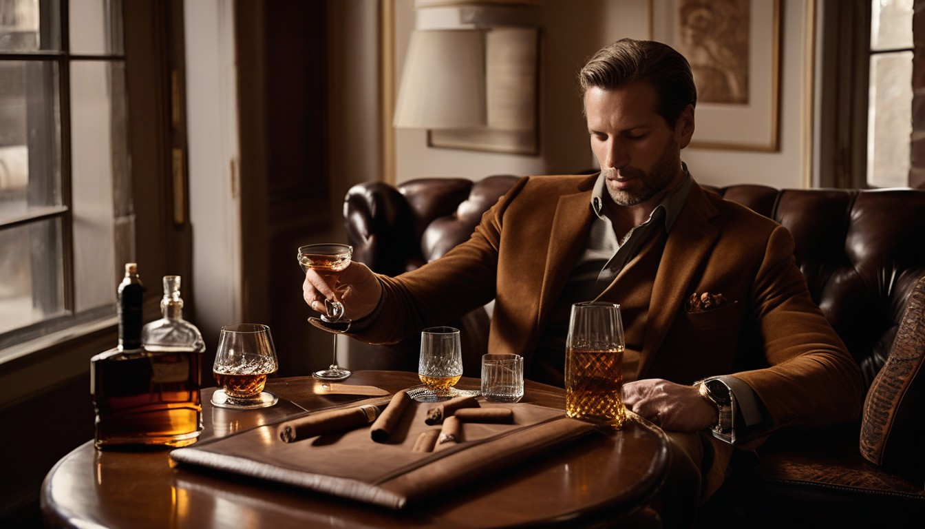 Cigar and whiskey tasting setup with tasting notes