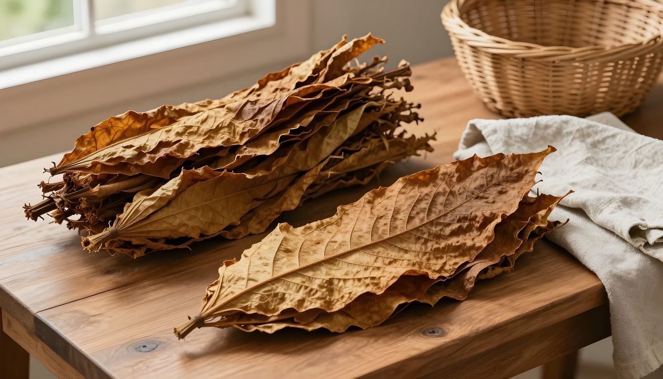 Loose bundles of cured tobacco leaves beside linen and a wicker basket