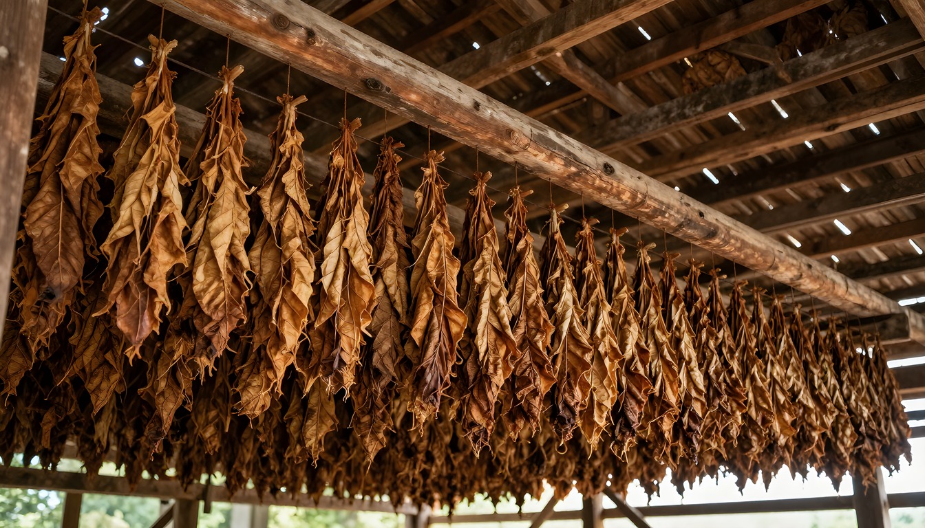 Harvested tobacco leaves hanging in an airy curing structure