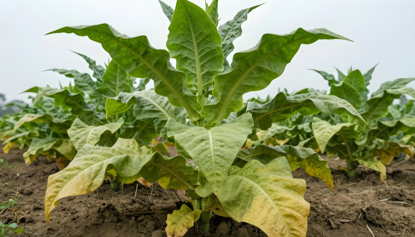 Lower leaves visible along the stems of mature tobacco plants