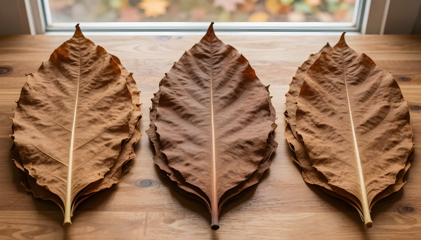 Cured tobacco leaves grouped on a sorting table