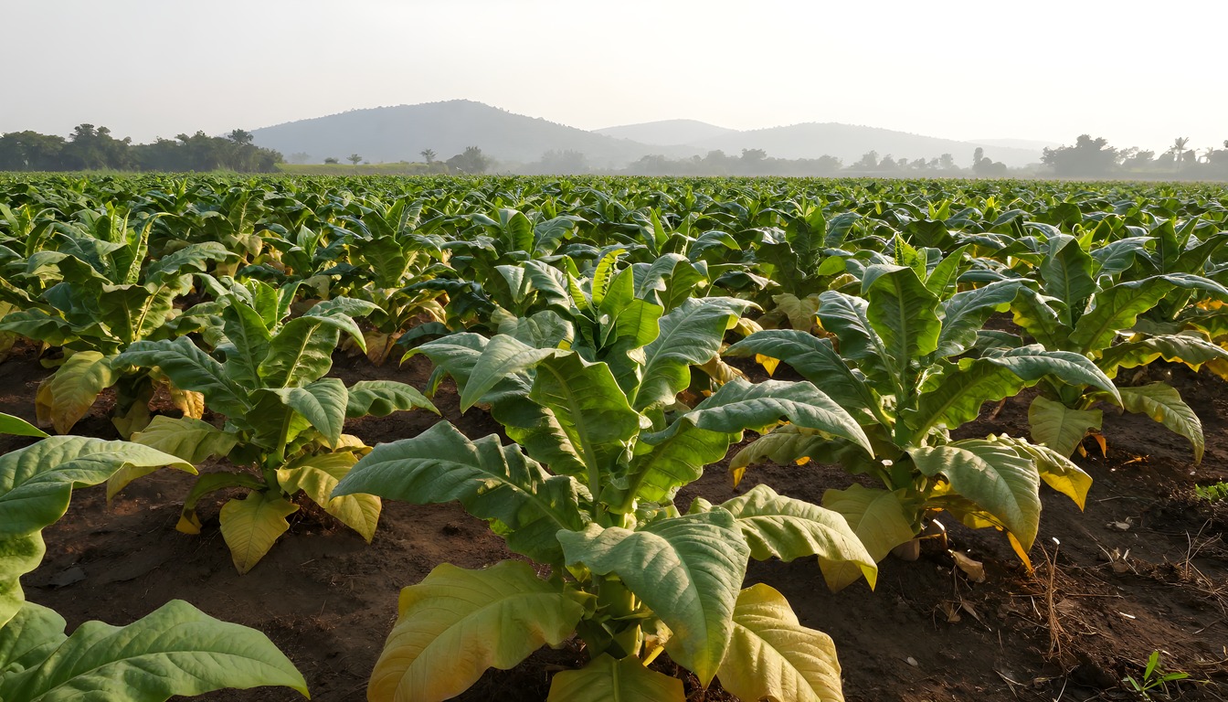 Rows of green tobacco plants stretching toward hills under a pale sky