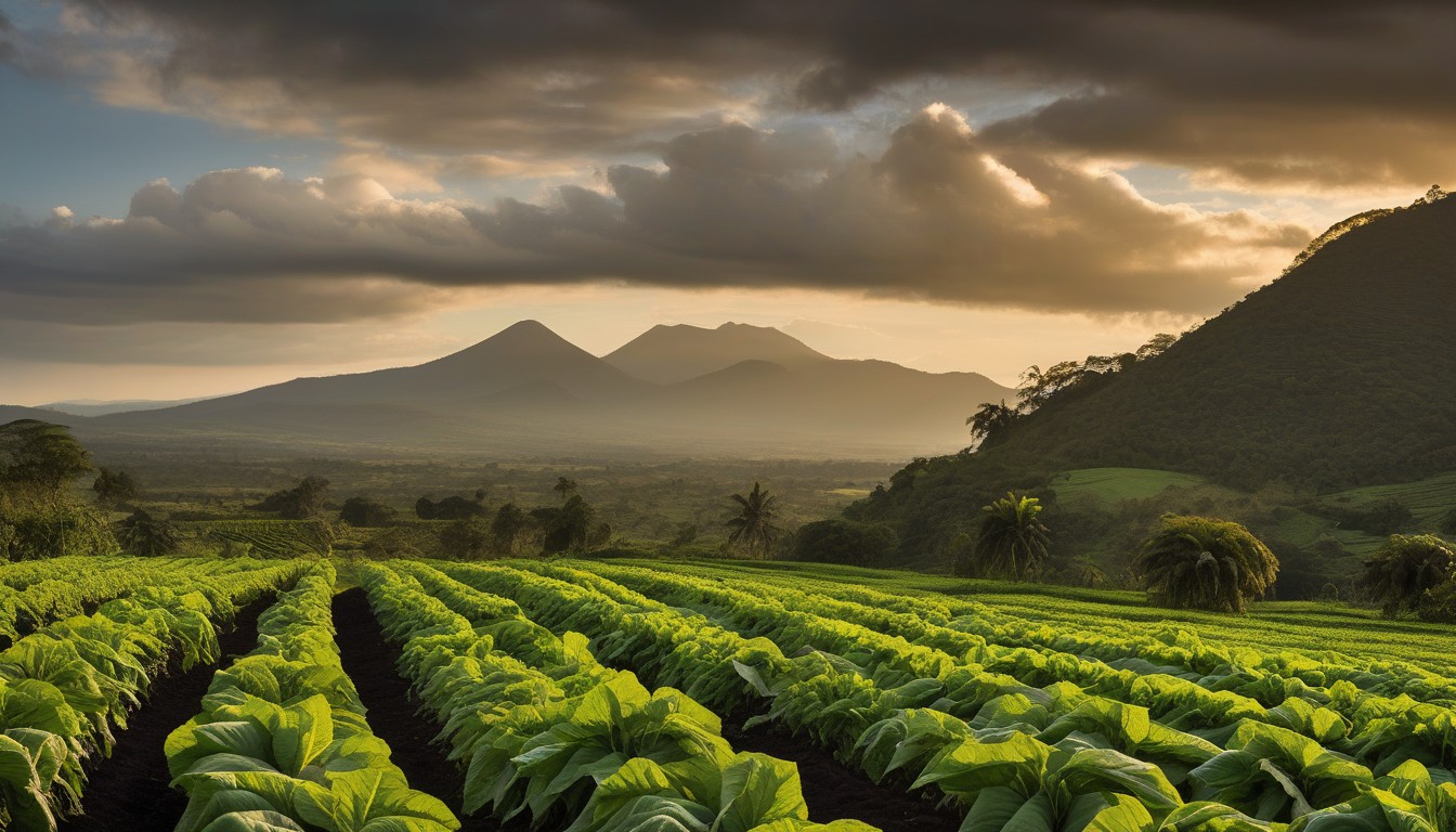 Nicaraguan tobacco fields in the Esteli Valley with volcanic mountains