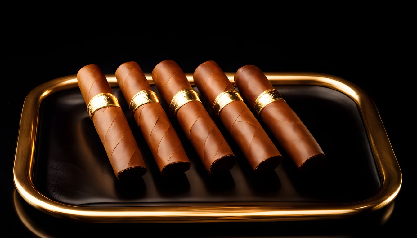 Five cigars with plain gold bands lying side by side on a dark gold-rimmed tray under a warm spotlight